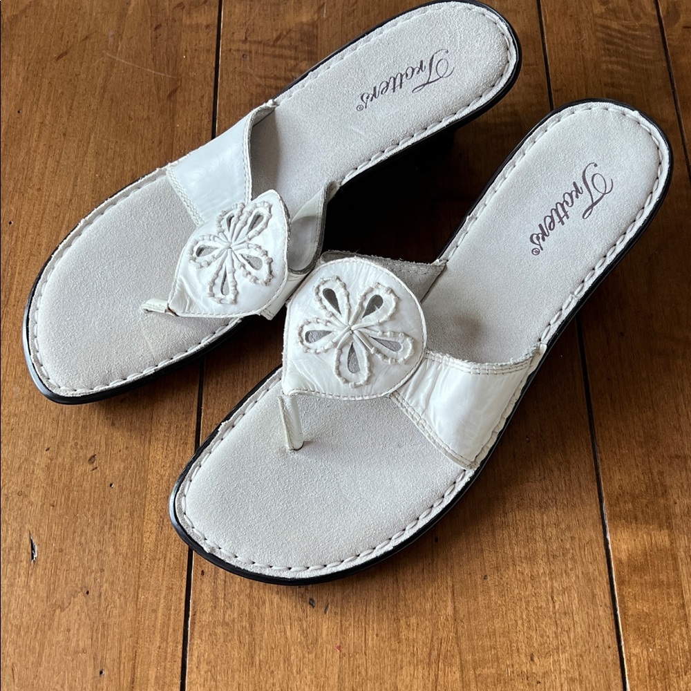 White Leather Wedge Sandals with Floral Design